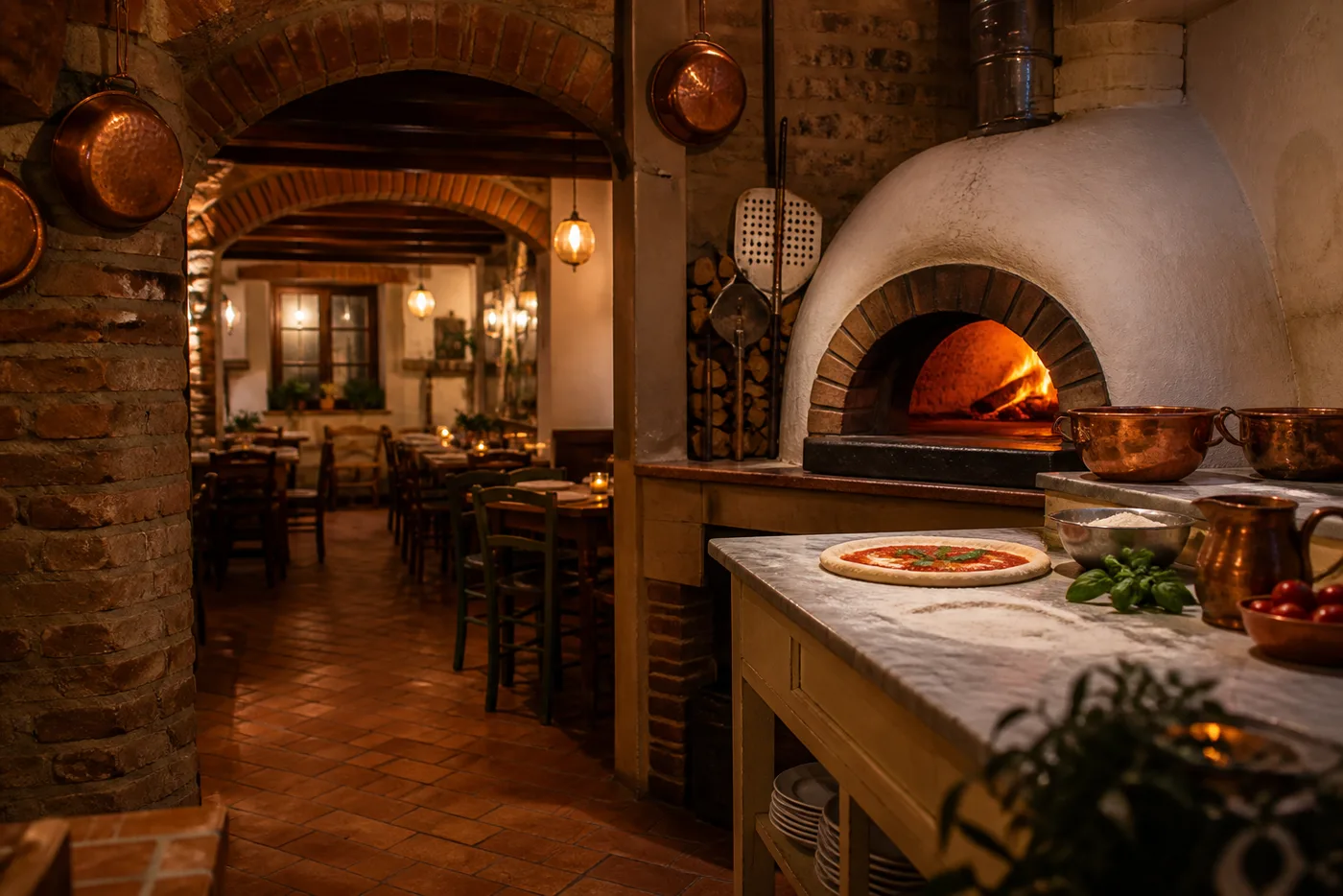 Interior da trattoria com tijolo aparente e forno a lenha