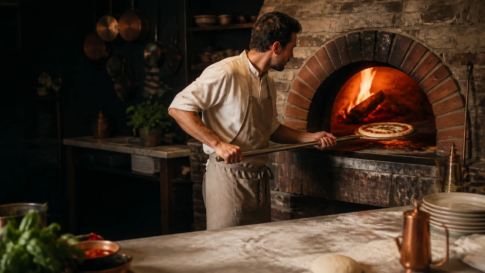 Pizzaiolo colocando pizza no forno a lenha